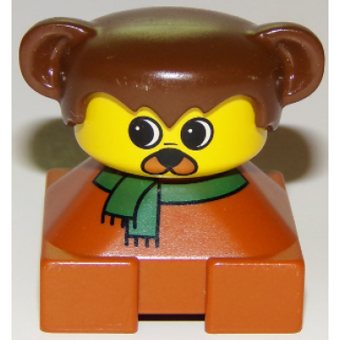 duplo 2 x 2 x 2 figure brick dog dark orange base with green scarf brown hair with ears yellow dog face