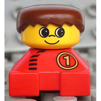 duplo 2 x 2 x 2 figure brick red base with number 1 race pattern yellow head brown male hair