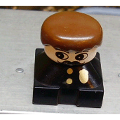duplo 2 x 2 x 2 figure brick black base with police pattern white head with moustache brown male hair
