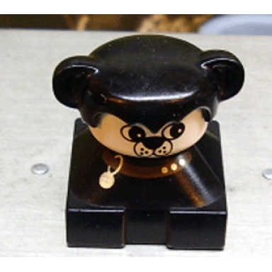 duplo 2 x 2 x 2 figure brick dog black base with collar black hair with ears white dog face