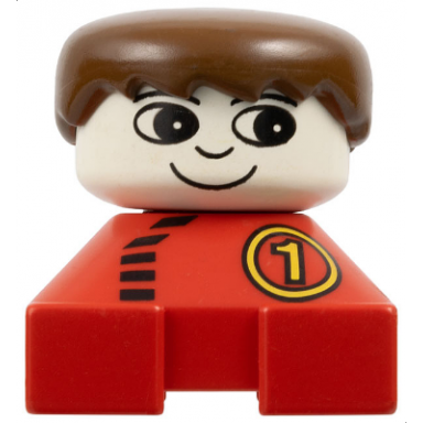 duplo 2 x 2 x 2 figure brick red base with number 1 race pattern white head brown male hair