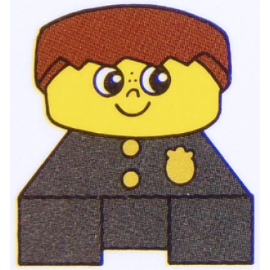 duplo 2 x 2 x 2 figure brick black base with police pattern yellow head with freckles brown male hair