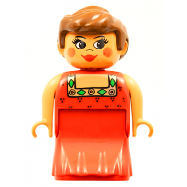 duplo figure female lady red dress blush ponytail