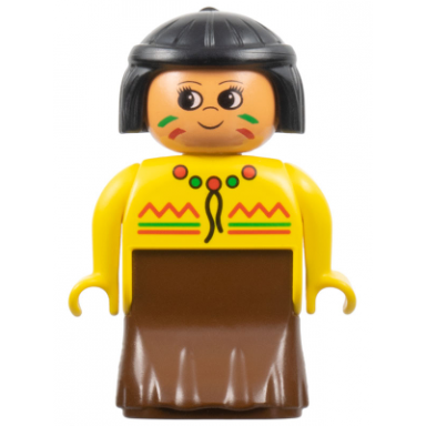 duplo figure female lady brown dress yellow top black hair native american