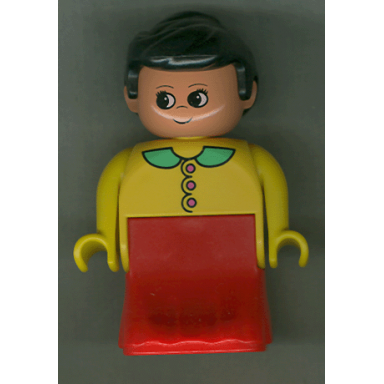 duplo figure female lady red dress yellow top and green collar