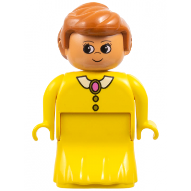 duplo figure female lady yellow dress yellow top white collar and dark pink brooch