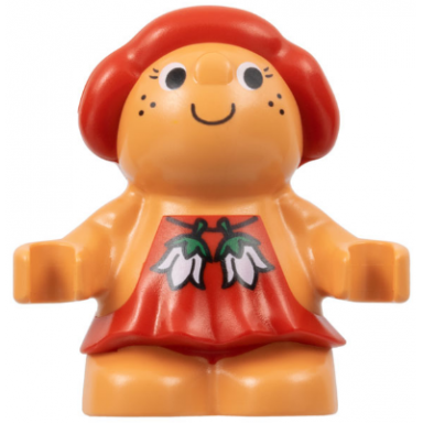 duplo figure little forest friends female red hair red dress with white flowers pattern sugar strawberry