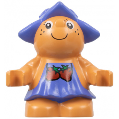 duplo figure little forest friends female medium violet dress with strawberries pattern jingle bluebell