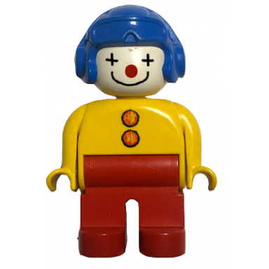 duplo figure male clown red legs yellow top with 2 buttons yellow arms blue aviator helmet