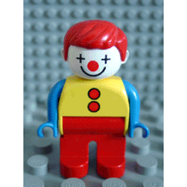 duplo figure male clown red legs yellow top with 2 buttons blue arms red hair straight