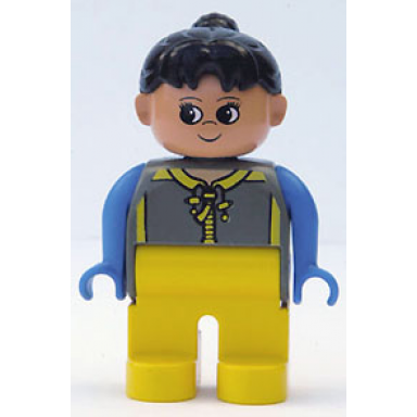 duplo figure female yellow legs dark gray top with yellow zipper and blue arms black ponytail
