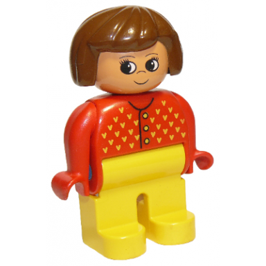 duplo figure female yellow legs red sweater with yellow v stitching brown hair turned up nose
