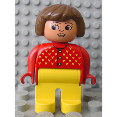 duplo figure female yellow legs red sweater with yellow v stitching brown hair turned down nose