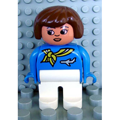 duplo figure flight attendant - female white legs blue top with scarf with stripe and jet airplane pin pattern brown hair nougat head with lips and turned down nose