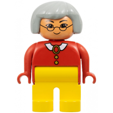 duplo figure - female adult woman yellow legs red top with collar buttons and brooch pattern light gray hair nougat head 75500