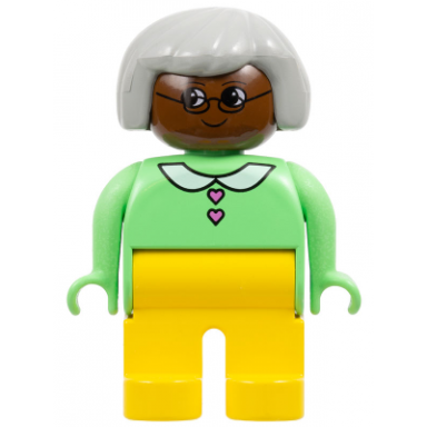 duplo figure - female adult woman yellow legs medium green top with collar and heart buttons pattern light gray hair brown head 75506