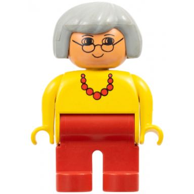 duplo figure female red legs yellow top with red necklace light gray hair glasses