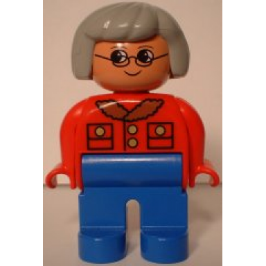 duplo figure female blue legs red jacket light gray hair glasses