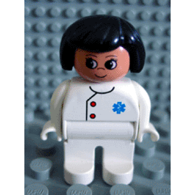 duplo figure doctor medic - female adult woman white legs white top with buttons and emt star of life pattern black hair nougat head