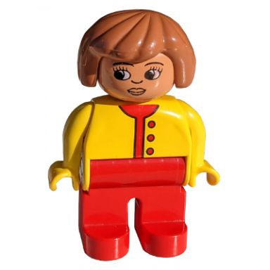 duplo figure female red legs yellow top unbuttoned with red buttons fabuland brown hair