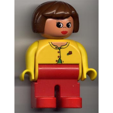 duplo figure female red legs yellow blouse with red buttons brown hair