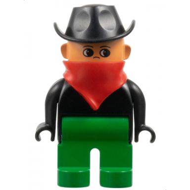 duplo figure male green legs black top red scarf cowboy hat western bad guy