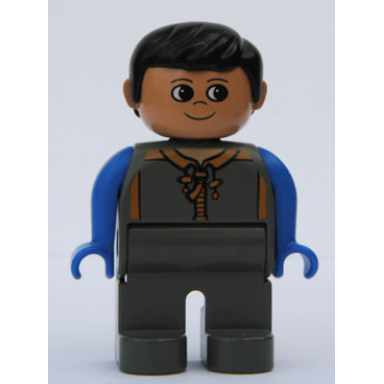 duplo figure male dark gray legs dark gray zippered coat blue arms black hair