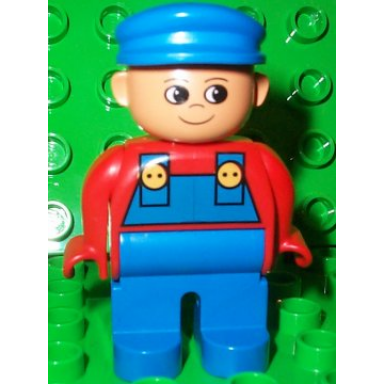 duplo figure male blue legs red top with blue overalls blue cap turned up nose