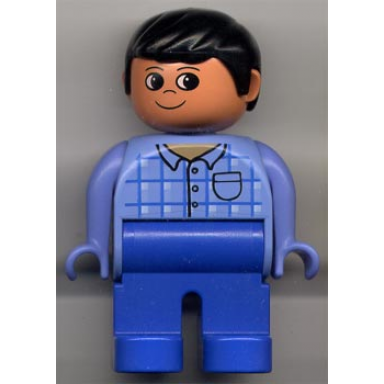 duplo figure male blue legs blue top plaid with pocket black hair
