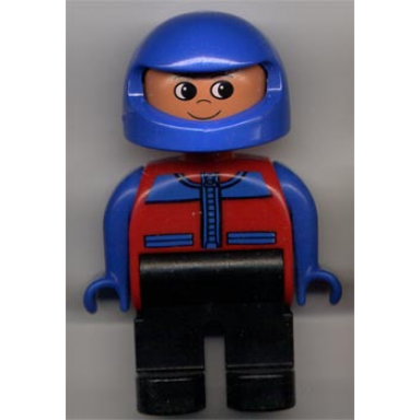 duplo figure male black legs red and blue zippered jacket blue racing helmet