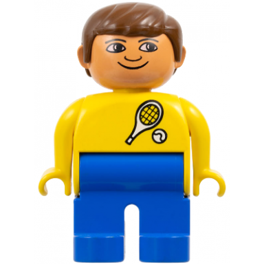duplo figure male blue legs yellow top with tennis racket and ball pattern brown hair