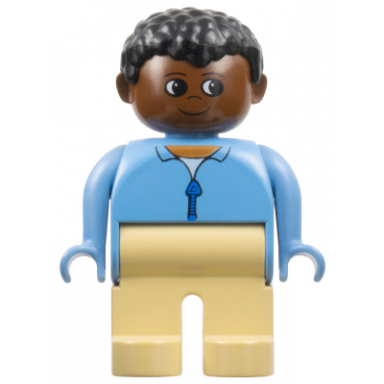 duplo figure male tan legs blue zippered jacket black curly hair brown head