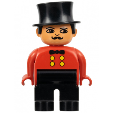 duplo figure male black legs red top top hat no white in eyes pattern circus ringmaster