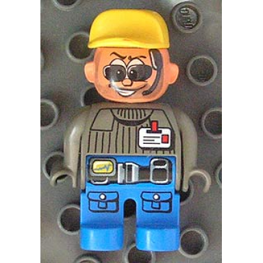 duplo figure male action wheeler blue legs dark gray top with id badge with belt yellow cap sunglasses