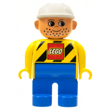 duplo figure male blue legs yellow top with black stripes and lego logo construction hat white