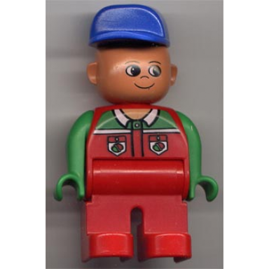 duplo figure male red legs red top with octan logo crooked blue hat