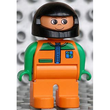 duplo figure male orange legs orange top with racer zipper green arms black helmet