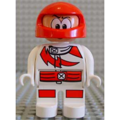duplo figure male action wheeler white legs white top with racer red lightning bolt and lines red helmet with large eyes