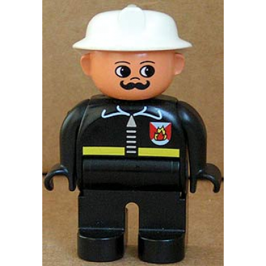 duplo figure male fireman black legs black top with fire logo and zipper white fire helmet moustache