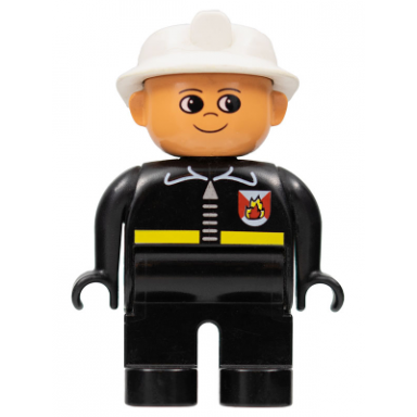 duplo figure male fireman black legs black top with fire logo and zipper white fire helmet