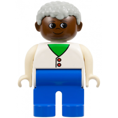 duplo figure - male adult man blue legs white top with buttons over shirt pattern light gray hair brown head 75505
