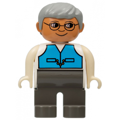 duplo figure male dark gray legs medium blue vest gray hair glasses