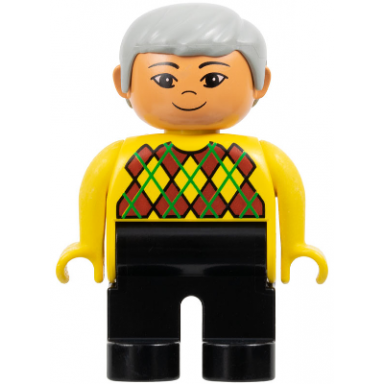 duplo figure - male adult man black legs yellow top with argyle pattern light gray hair nougat head 75499