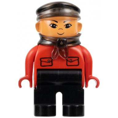 duplo figure male black legs red top with pockets intelli-train red conductor