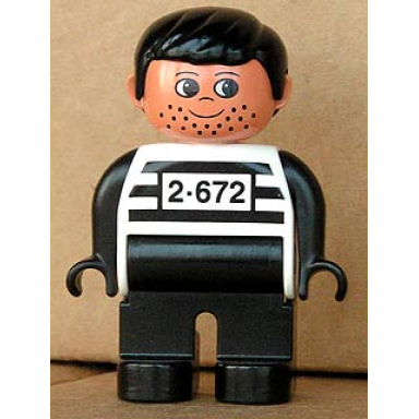 duplo figure male black legs white top with 2-672 number on chest black hair black hands stubble jailbreak joe