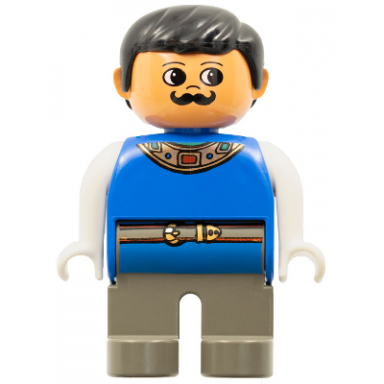 duplo figure male dark gray legs blue top with gold necklace and belt moustache