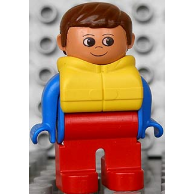 duplo figure male red legs blue top life jacket brown hair