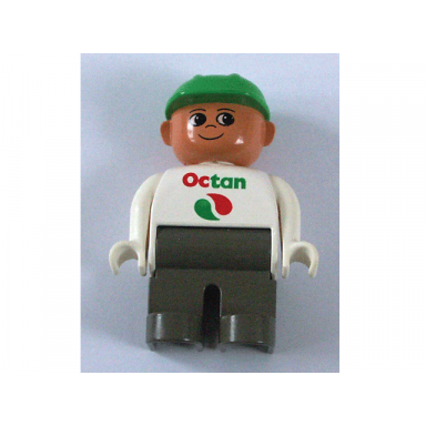 duplo figure male dark gray legs white top with octan logo green helmet