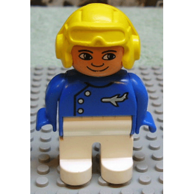 duplo figure male white legs blue top with plane logo yellow aviator helmet pilot