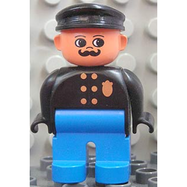 duplo figure male police blue legs black top with gold badge black hat turned up nose and round eyes